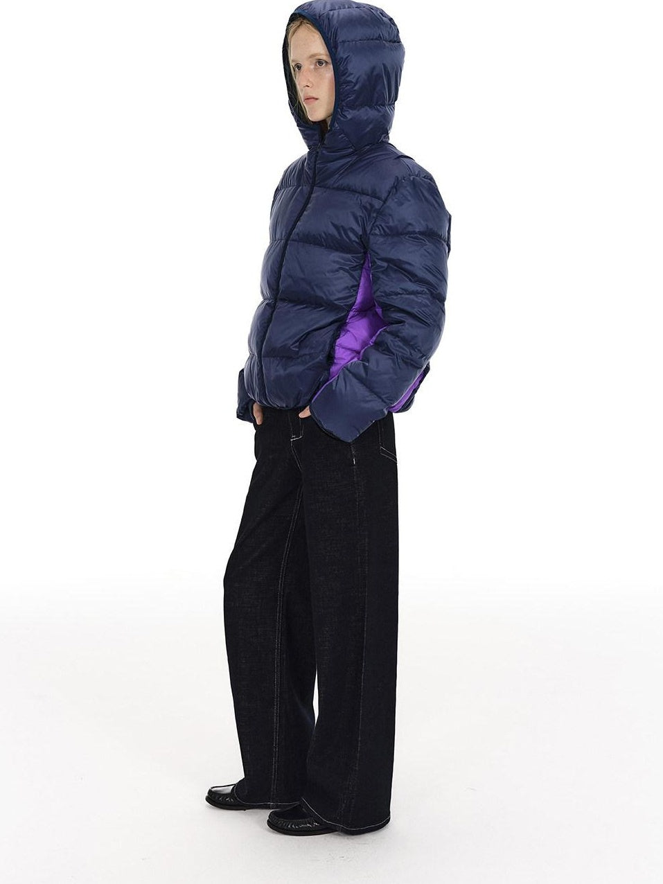 Country Moment 90 Fill White Duck Down Hooded Short Loose Navy Zipper City Commute Down Jackets