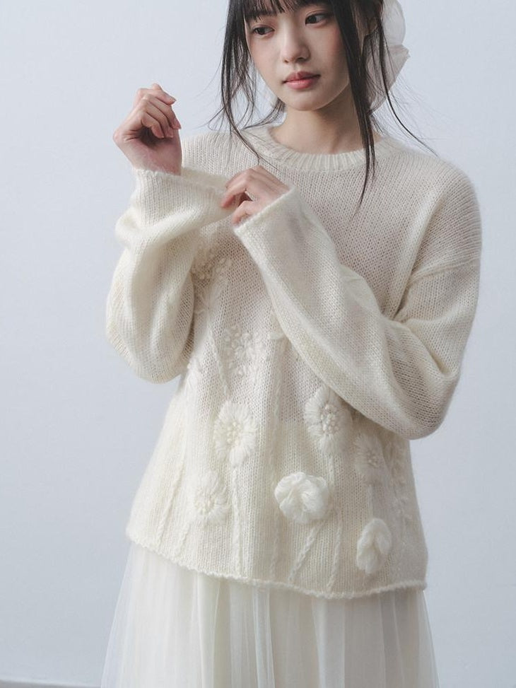 DDGIRL studio Ultra Soft Relaxed Embroidered Floral Crochet Round Neck Women Knit Sweaters