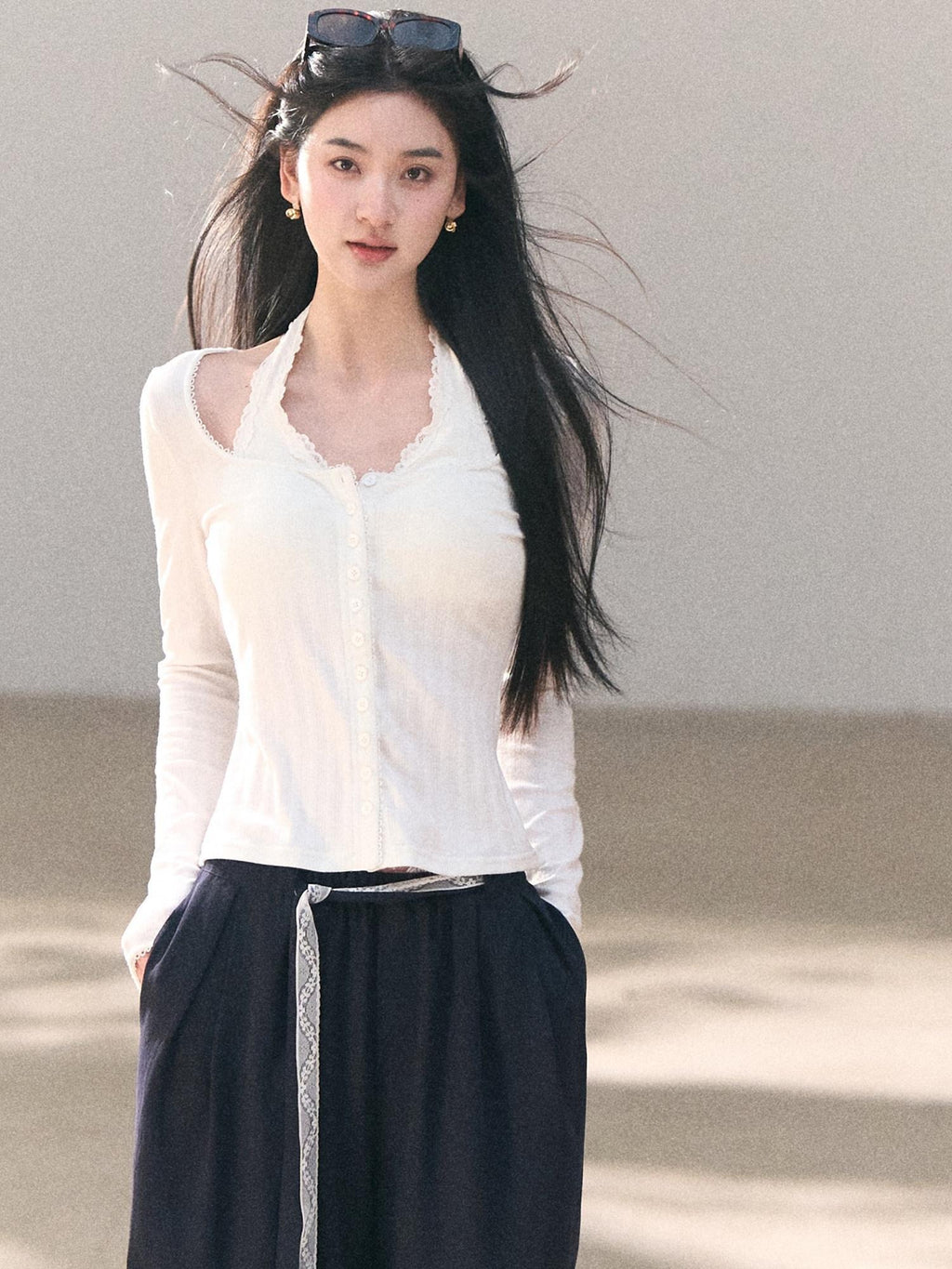 7 OAKMOO Lyocell Linen Breathable Casual Natural Waist Straight Navy White Wide Leg Pants