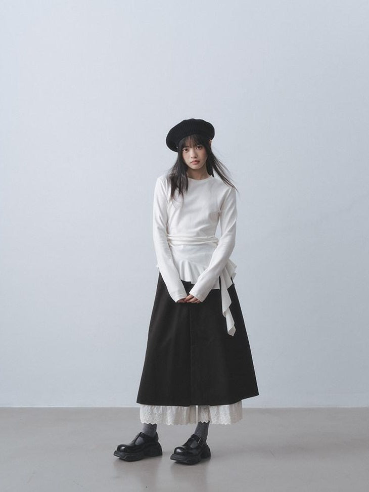 DDGIRL studio Soft Stretch Ruffle Asymmetric Slim Waist Women White Long Sleeve T-Shirts