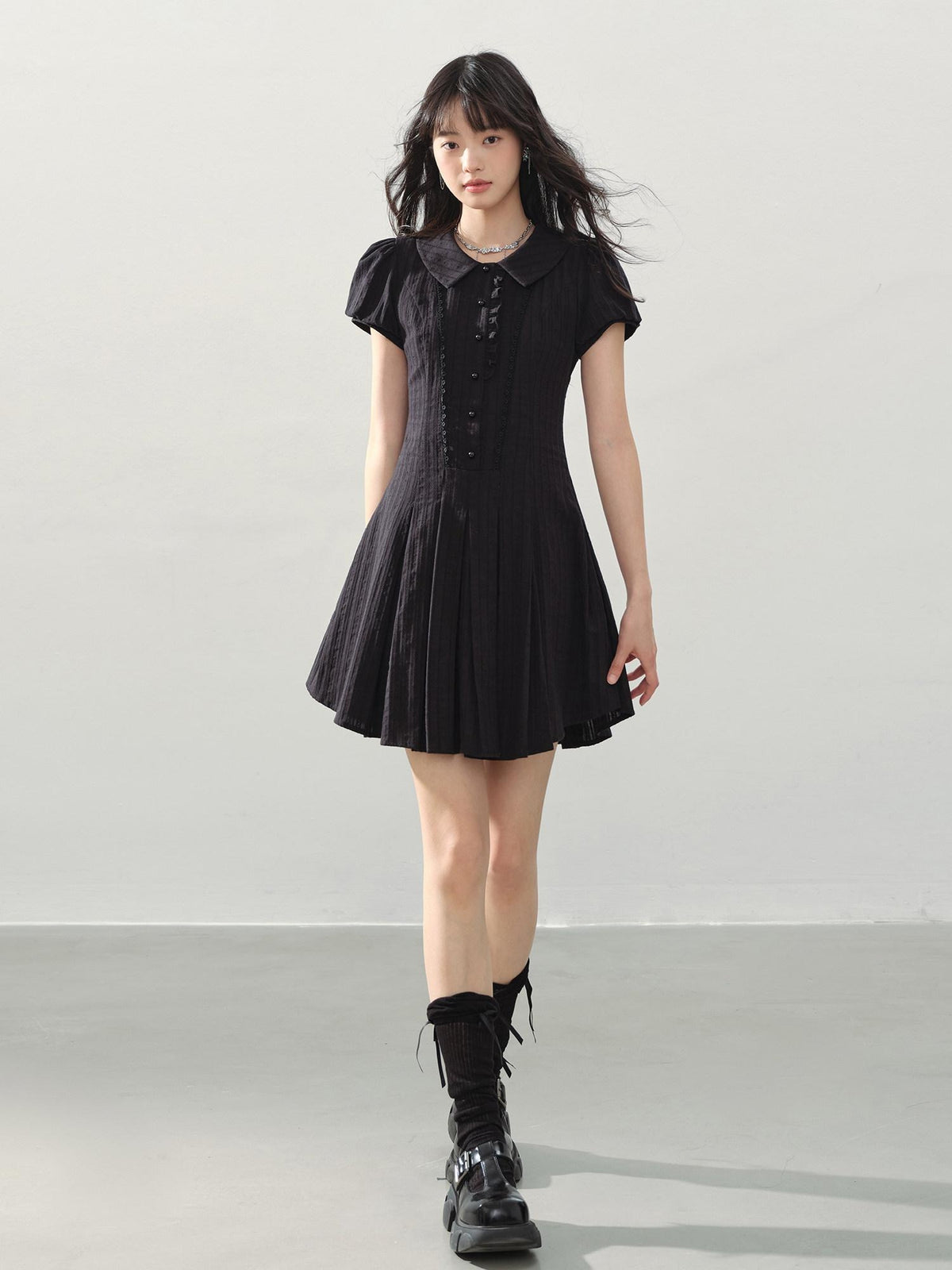 DDGIRL studio Sweet Cotton A Line Puff Sleeve Doll Collar Fitted Waist Midi Dresses