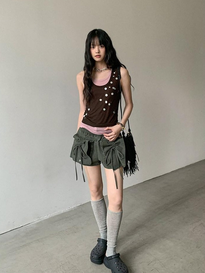 DDGIRL studio High Waist Faded 96 Percent Cotton Wide Leg Loose Fit Army Green Denim Shorts