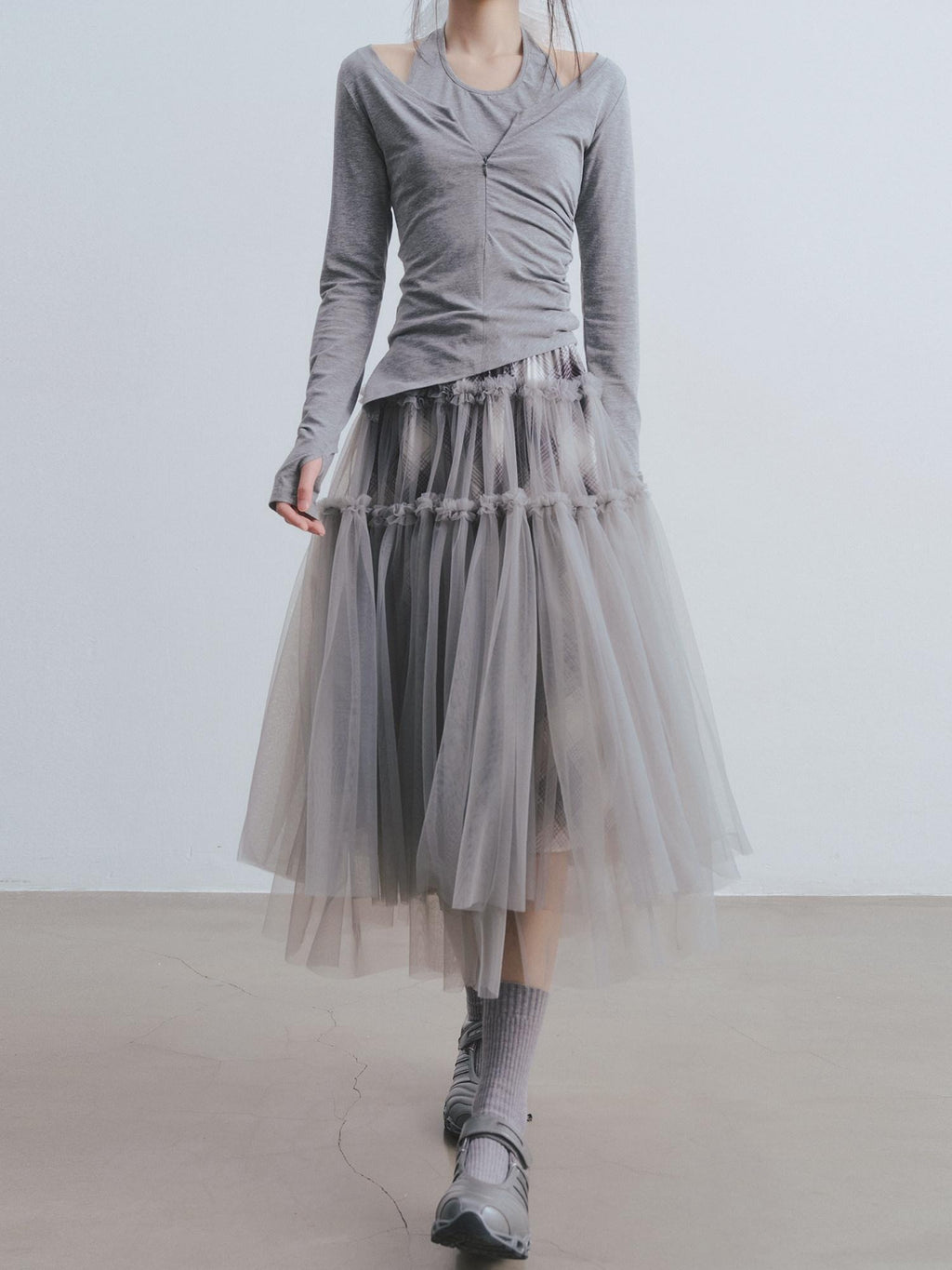 DDGIRL studio Non Deforming High Waist Mesh Patchwork Pleated Lined Women Gray Midi Skirts