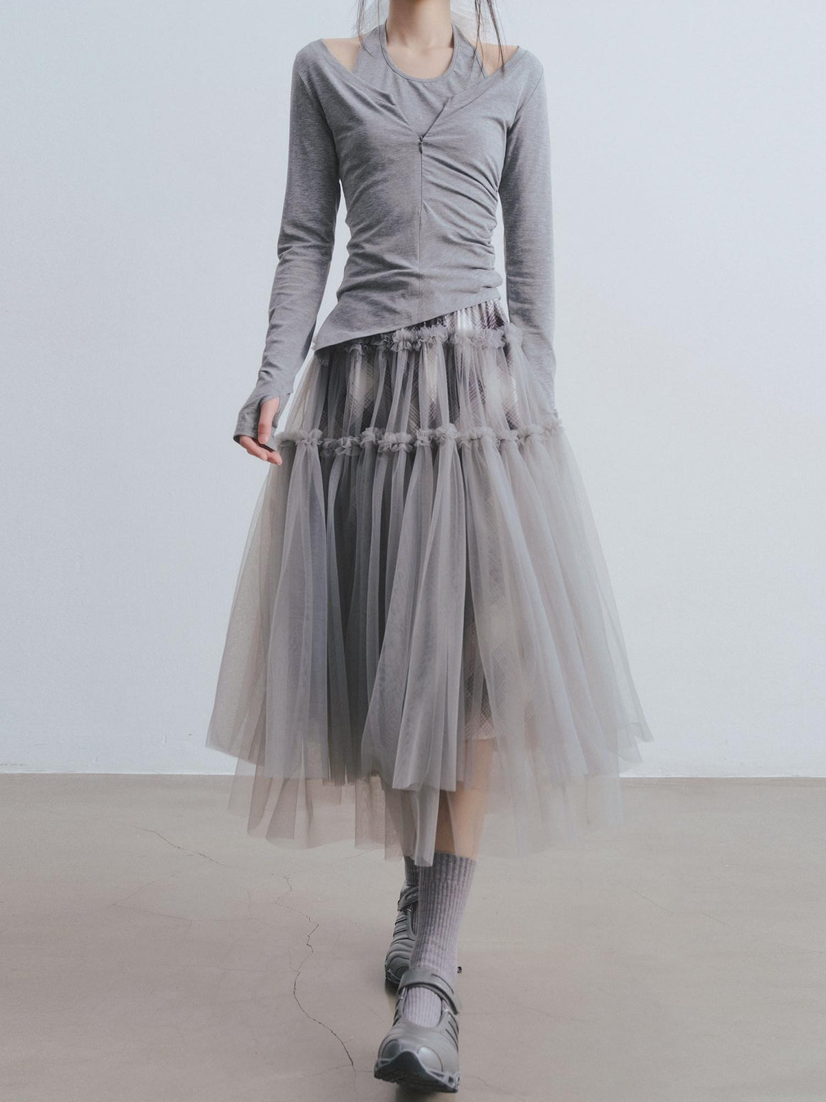 DDGIRL studio Non Deforming High Waist Mesh Patchwork Pleated Lined Women Gray Midi Skirts