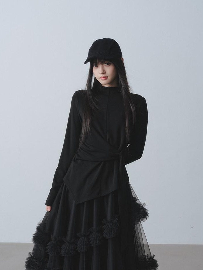 DDGIRL studio Soft Breathable Slim Spliced Tie Women Black Round Neck Long Sleeve T-Shirts