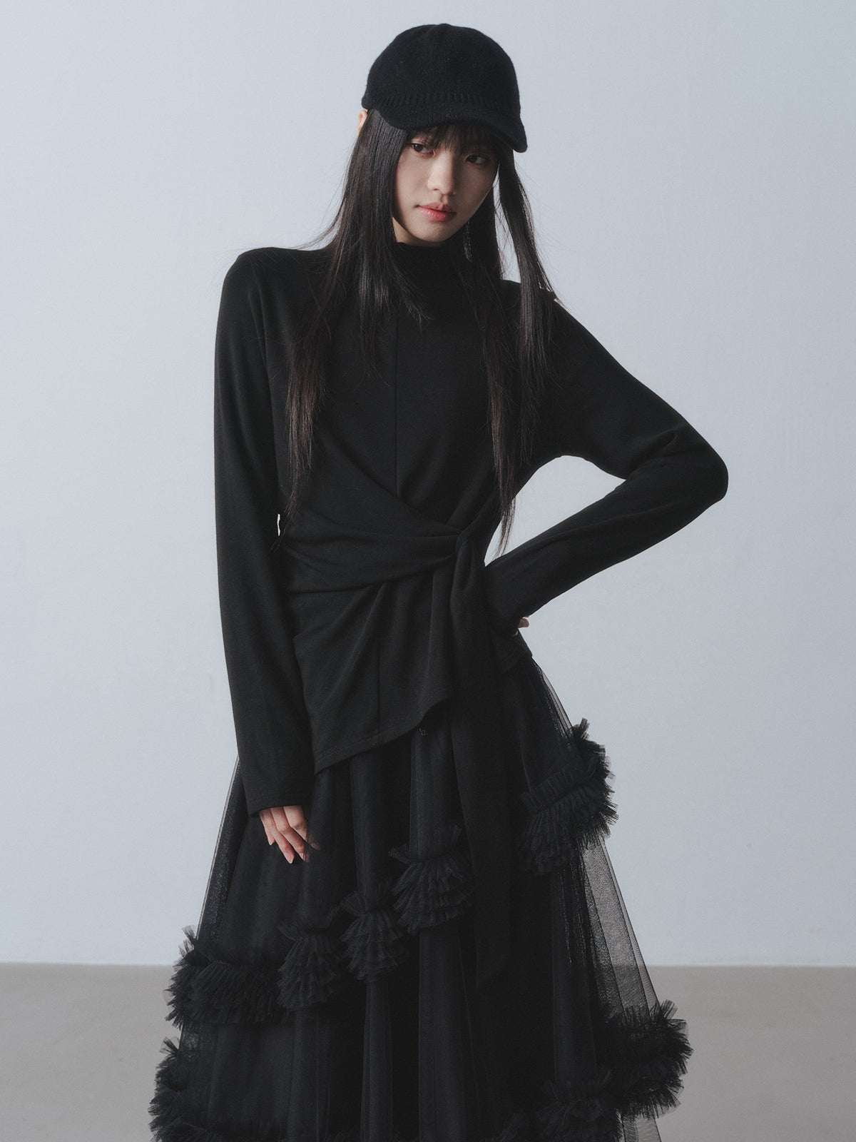 DDGIRL_studio_Soft_Breathable_Slim_Spliced_Tie_Women_Black_Round_Neck_Long_Sleeve_T-Shirts_MISSTT