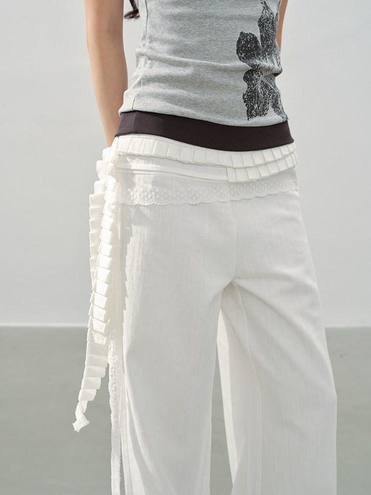 DDGIRL studio High Waist Shape Retaining Casual Lace Trim Solid White Women Wide Leg Pants