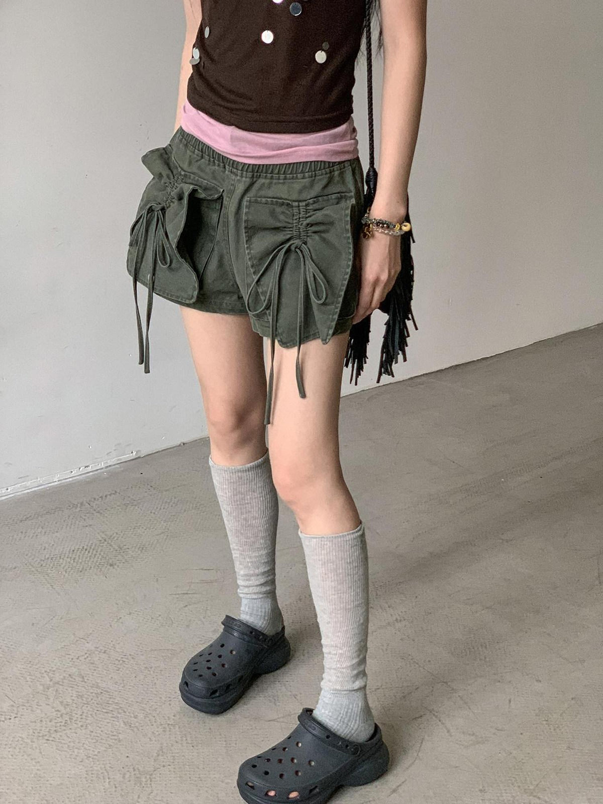 DDGIRL studio High Waist Faded 96 Percent Cotton Wide Leg Loose Fit Army Green Denim Shorts