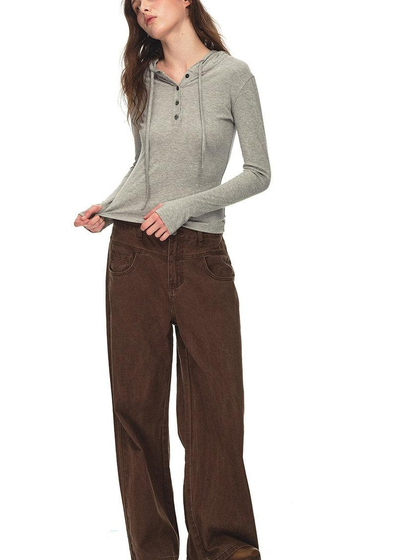 Country Moment Breathable Viscose Blend Hooded Henley Slim Casual Women Long Sleeve T-Shirts