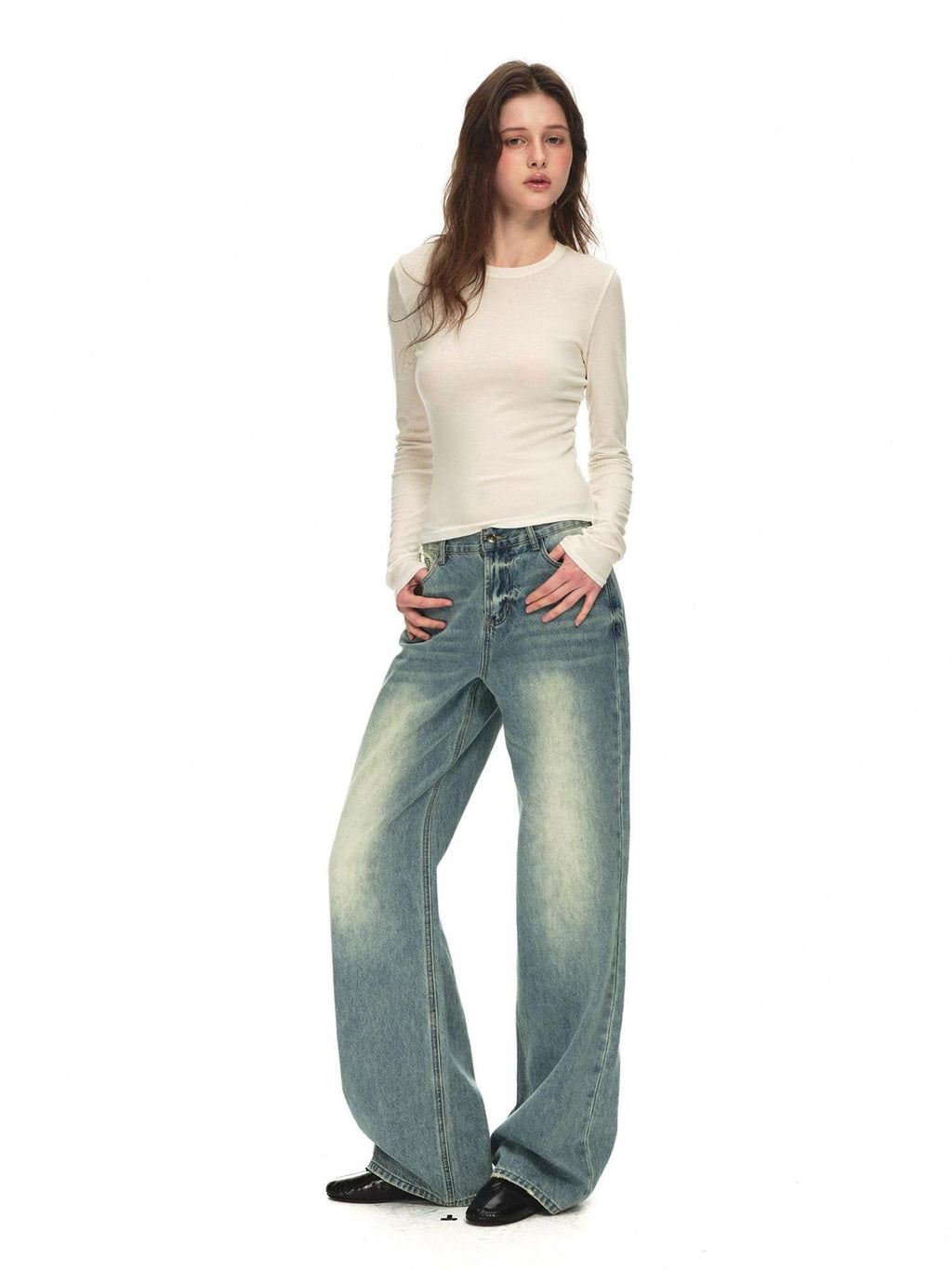 Country Moment Breathable Cotton Blend Gradient Wash Relaxed Mid Rise Unisex Wide Leg Jeans