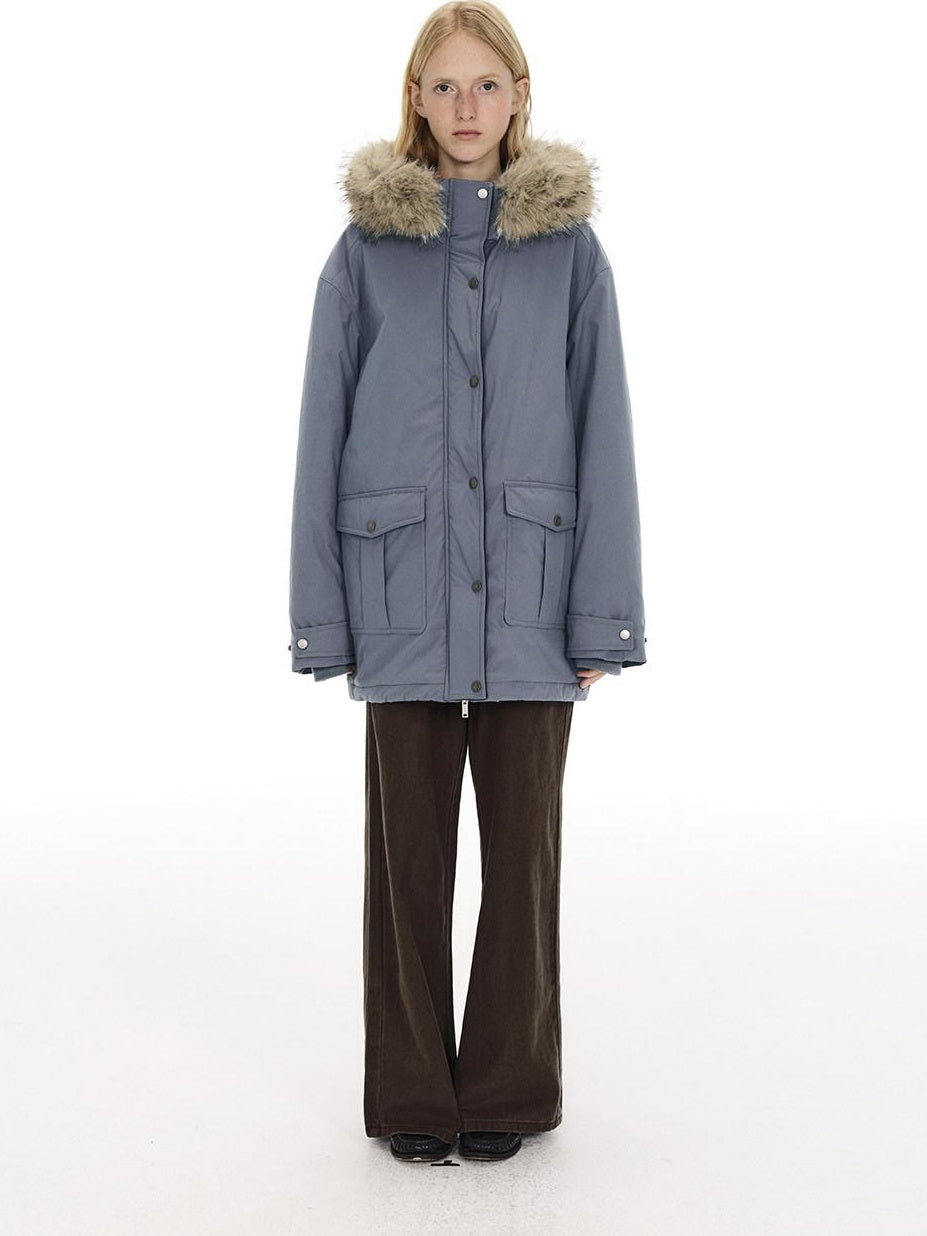 Country Moment Warm Cotton Lined Oversized Quilted Hooded Light Gray Youth Puffer Jackets