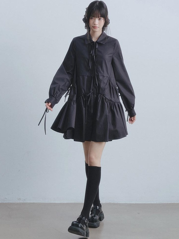 DDGIRL studio Soft High Waist Tie A Line Shirt Dress Office Black Cotton Midi Dresses