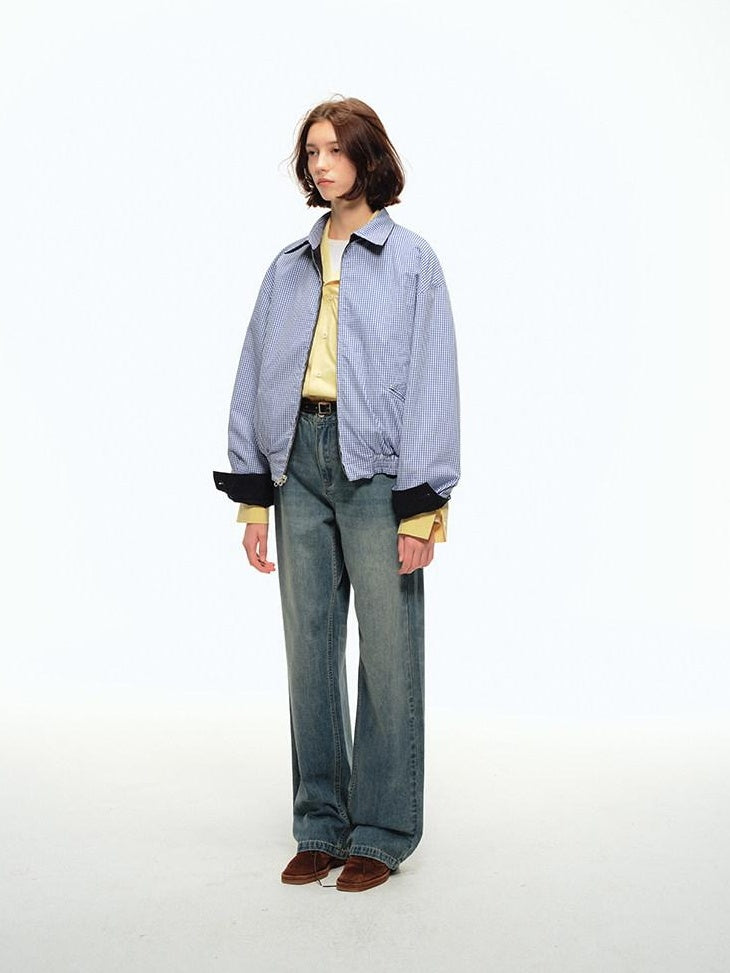 Country Moment Warm Cotton Loose Fit Youthful Plaid Zip Unisex Navy Lapel Cropped Jackets