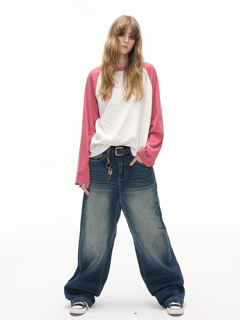 Country Moment Gradient Distressed Mid Rise Loose Straight Everyday Denim Blue Wide Leg Jeans