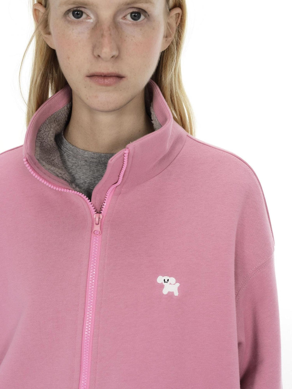 Country Moment Cozy Fleece Thick Loose Embroidered Stand Collar Unisex Cotton Zip Sweatshirt