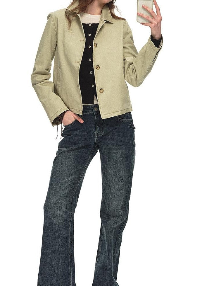 Country Moment Warm Vintage British Short Button Khaki Cotton Unisex Commuter Cropped Jackets