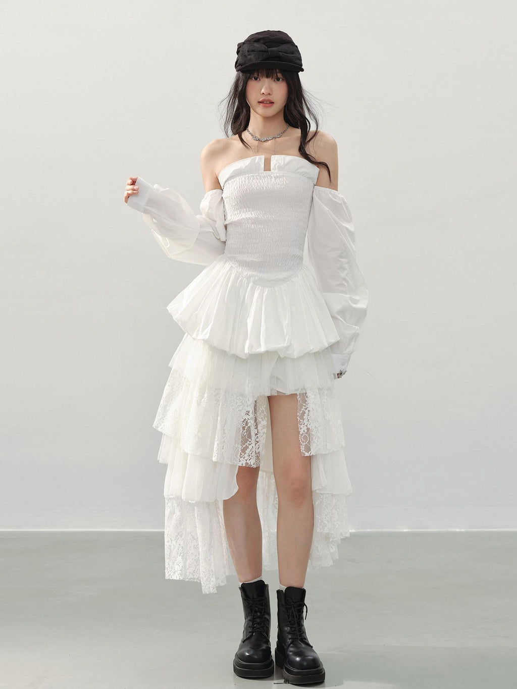 DDGIRL studio Lined Lace Asymmetrical High Waist Front Slit Tiered White Women Midi Skirts