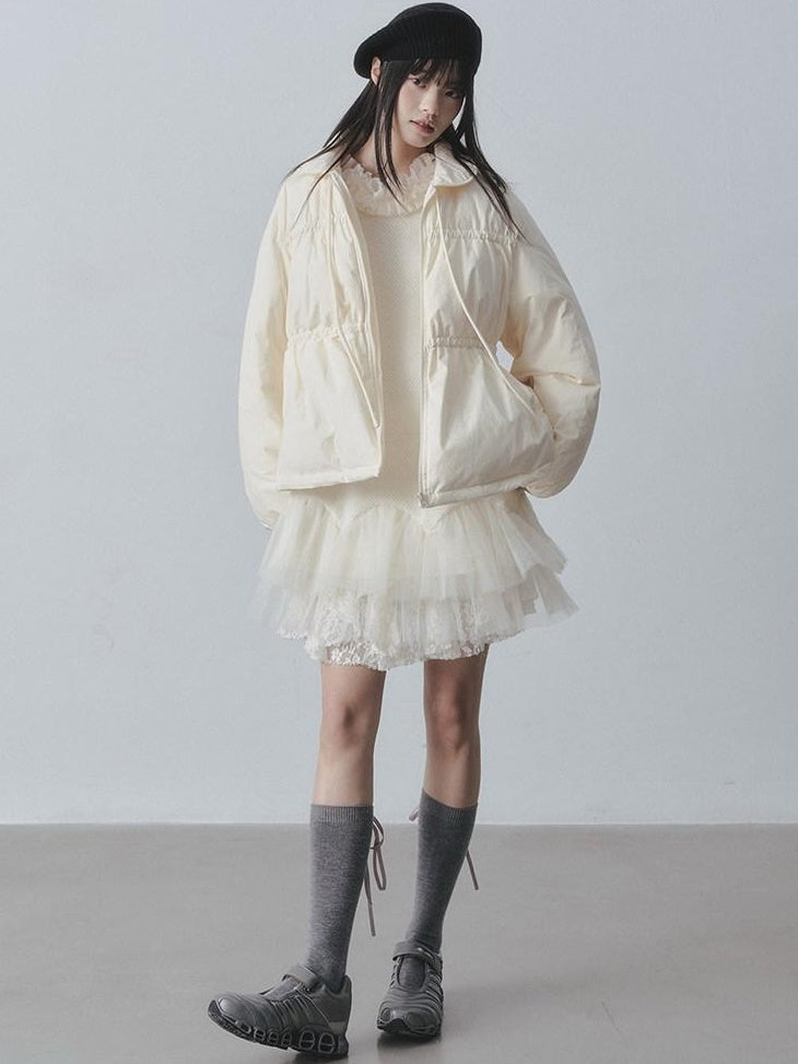 DDGIRL studio Sweet Soft Knit Tulle Panel A Line Long Sleeve Back Button Mini Dresses
