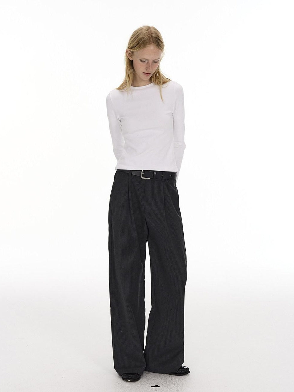 Country Moment Black Striped Midrise Wide Leg Casual Zipper Polyester Straight Pants