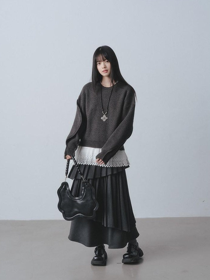 DDGIRL studio Warm Lined Asymmetrical Pleated High Waist Commuter Women Dark Gray Maxi Skirts