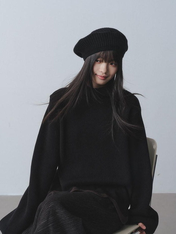 DDGIRL studio Warm Chunky Wave Pullover Oversized Commuter Mock Neck Women Black Sweaters