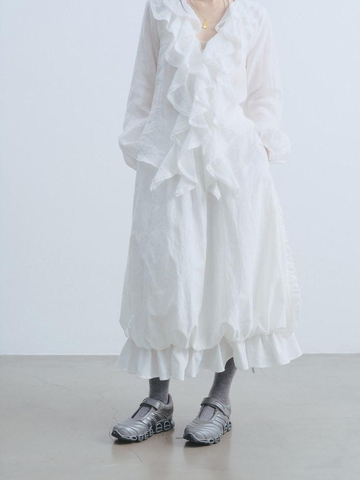 DDGIRL studio Durable Cotton High Waist Ruffle Lantern Lined White Midi Skirts