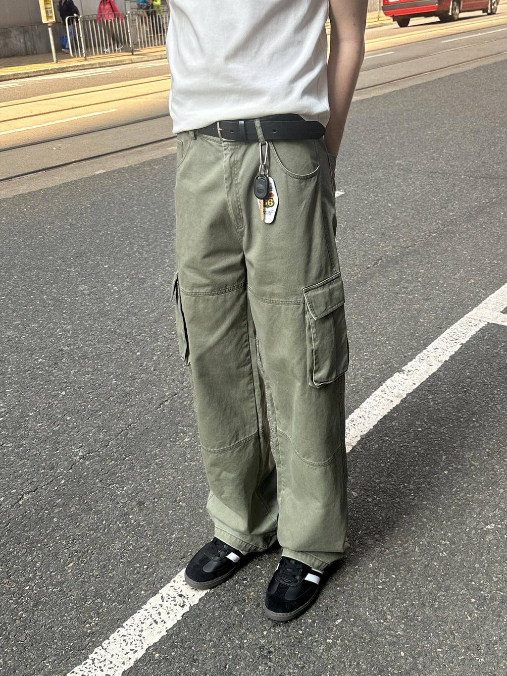 Country Moment Washed Mid Rise Loose Straight Leg Youth Daily Pure Cotton Green Cargo Pants