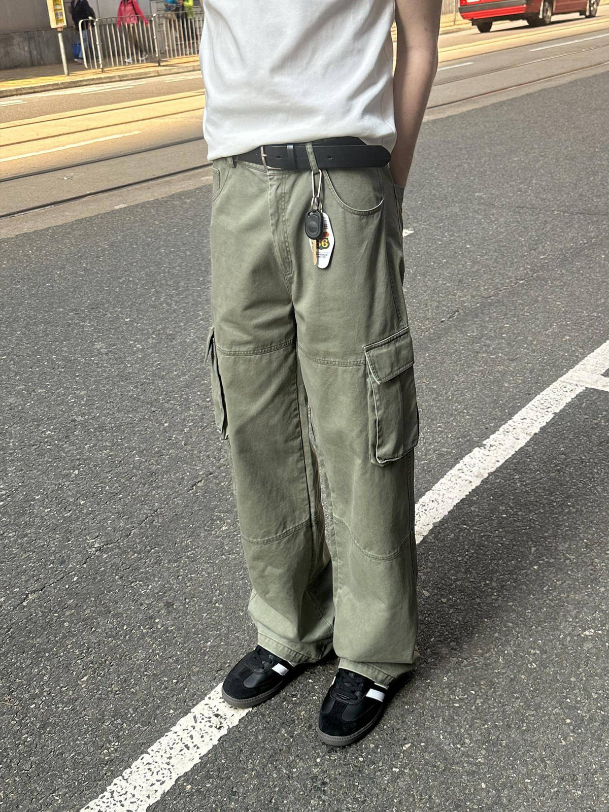 Country Moment Washed Mid Rise Loose Straight Leg Youth Daily Pure Cotton Green Cargo Pants