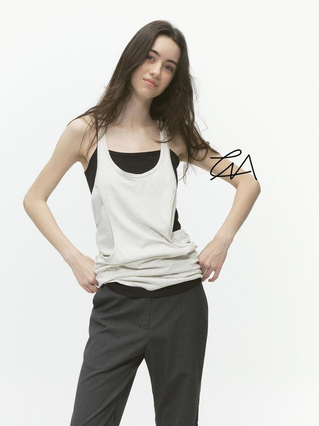 Country Moment Xinjiang Cotton Patchwork Straight Fit Two Piece Cami Set Women Grey Tank Tops