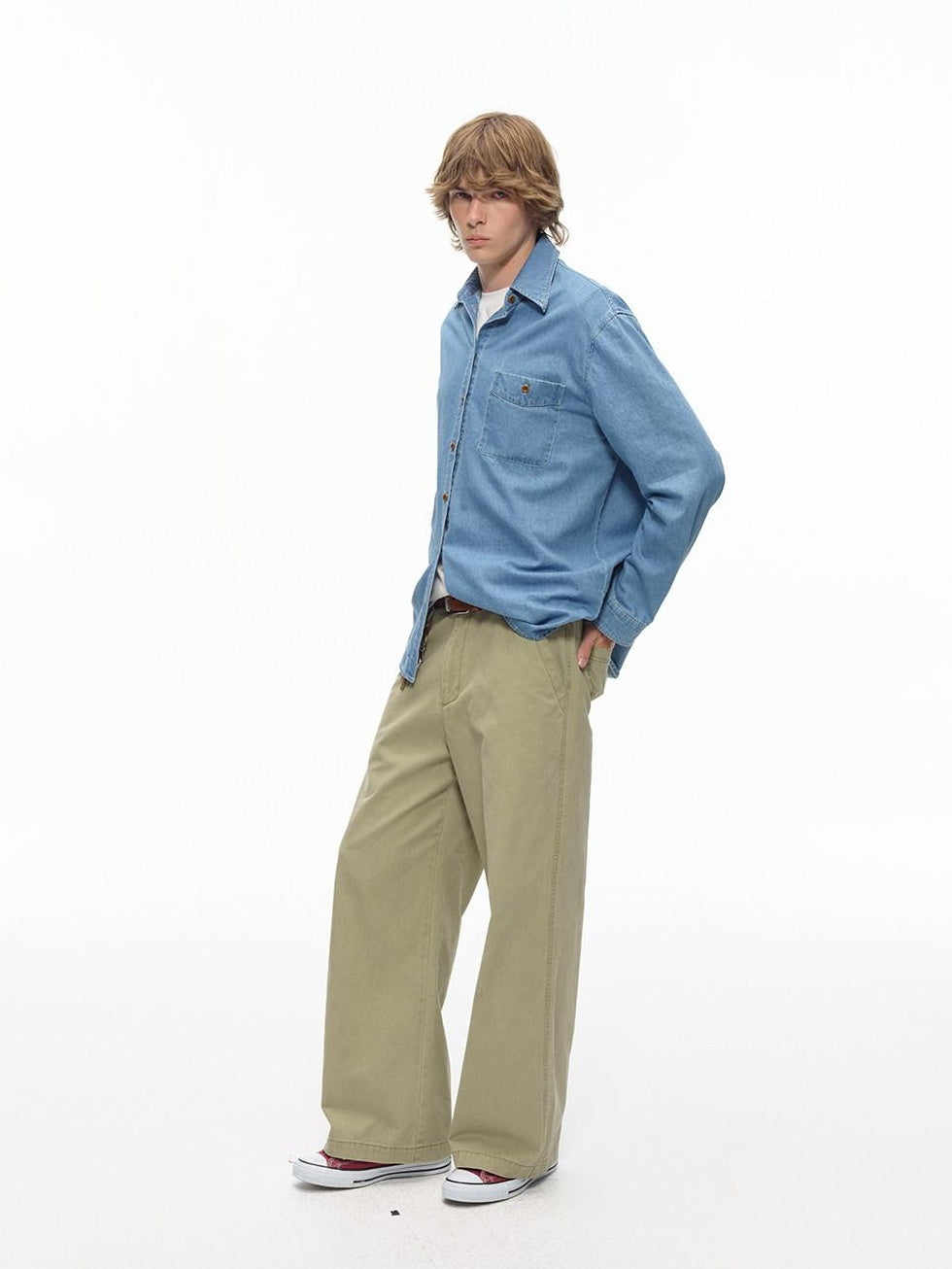 Country Moment Washed Cotton Durable Mid Rise Relaxed Zip Fly Youth Casual Wide Leg Pants