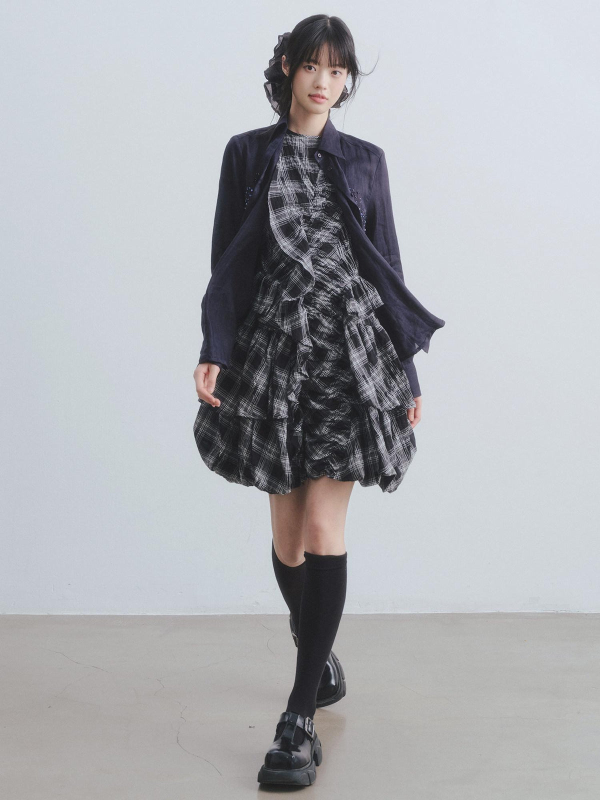 DDGIRL studio Soft Cotton Shirred A Line Sleeveless Checked Workwear Puff Skirt Mini Dresses