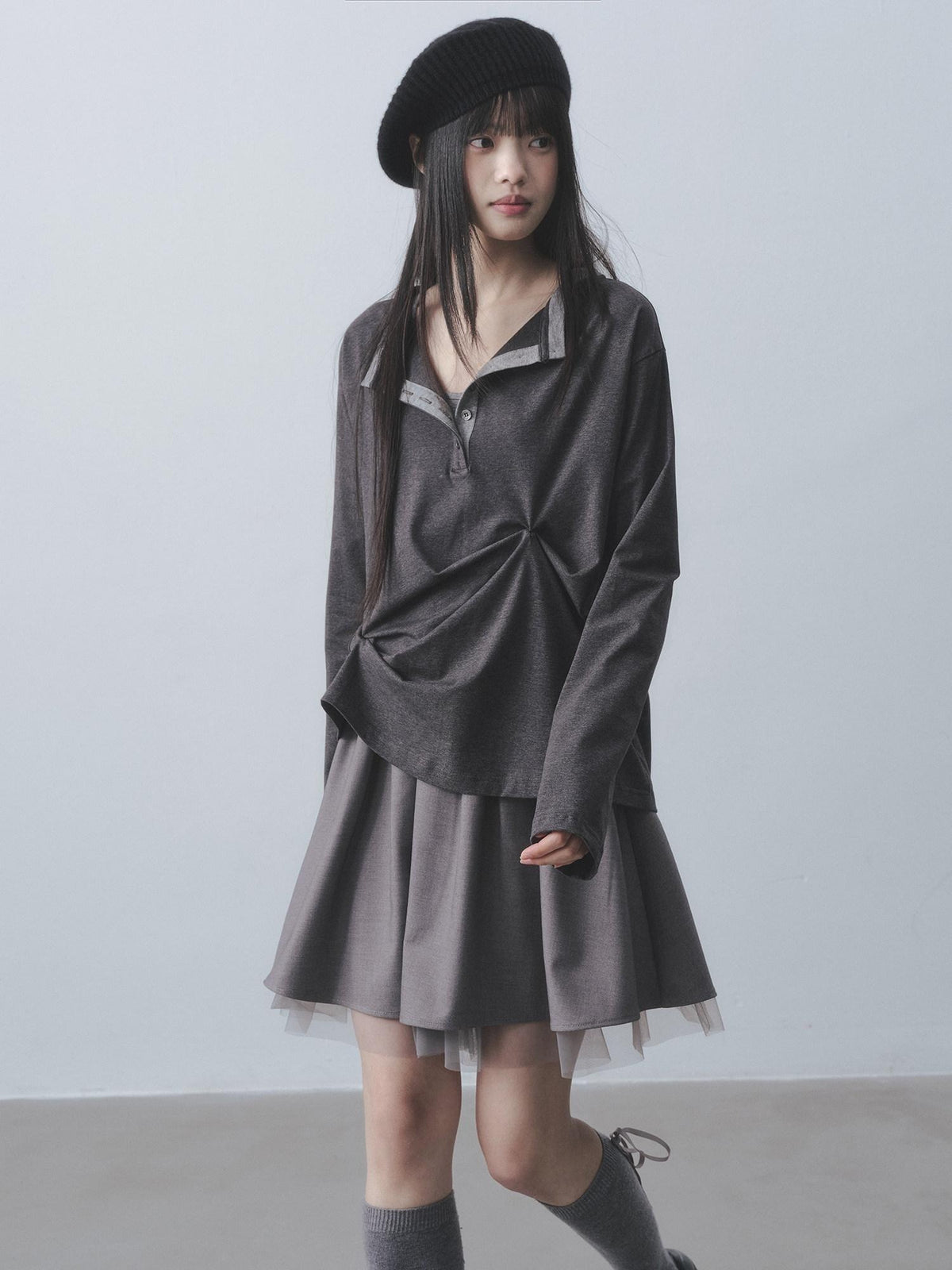 DDGIRL studio Moisture Wicking Long Sleeve Tee Commuter Solid Dark Gray Top & Skirt Sets
