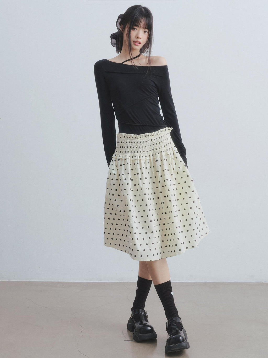 DDGIRL studio Durable Lined Pleated Aline Elastic Waist Women Cotton Beige Midi Skirts