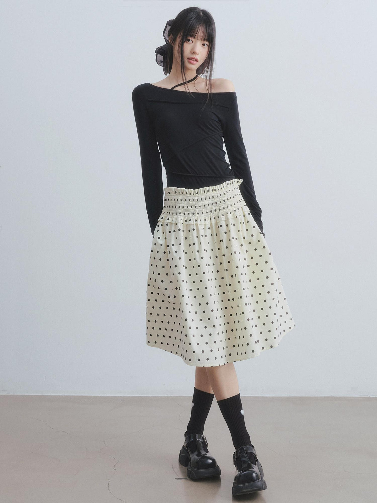 DDGIRL studio Durable Lined Pleated Aline Elastic Waist Women Cotton Beige Midi Skirts