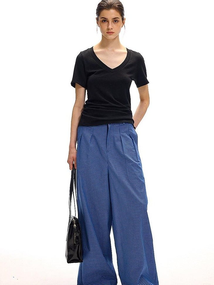 Country Moment 100 Percent Cotton Vintage Natural Waist Pockets Gem Blue Plaid Wide Leg Pants