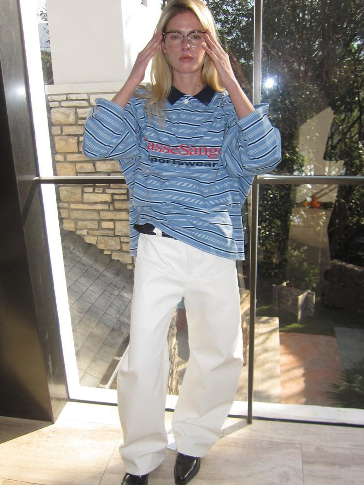 CasseSango Embroidered Cotton Loose Fit Striped Unisex Casual Blue Long Sleeve T-Shirts