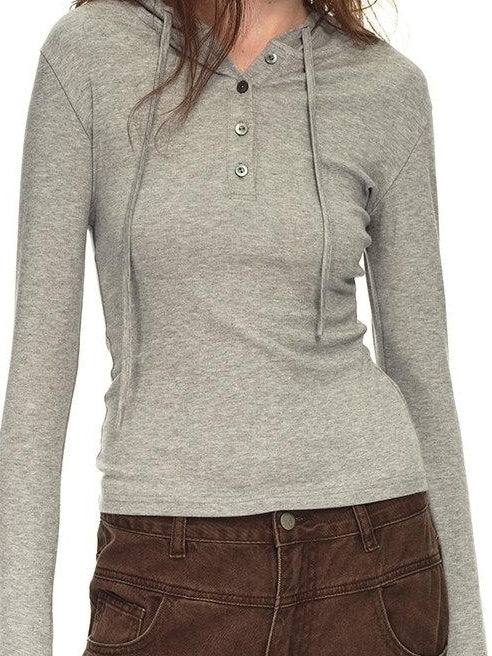 Country Moment Breathable Viscose Blend Hooded Henley Slim Casual Women Long Sleeve T-Shirts