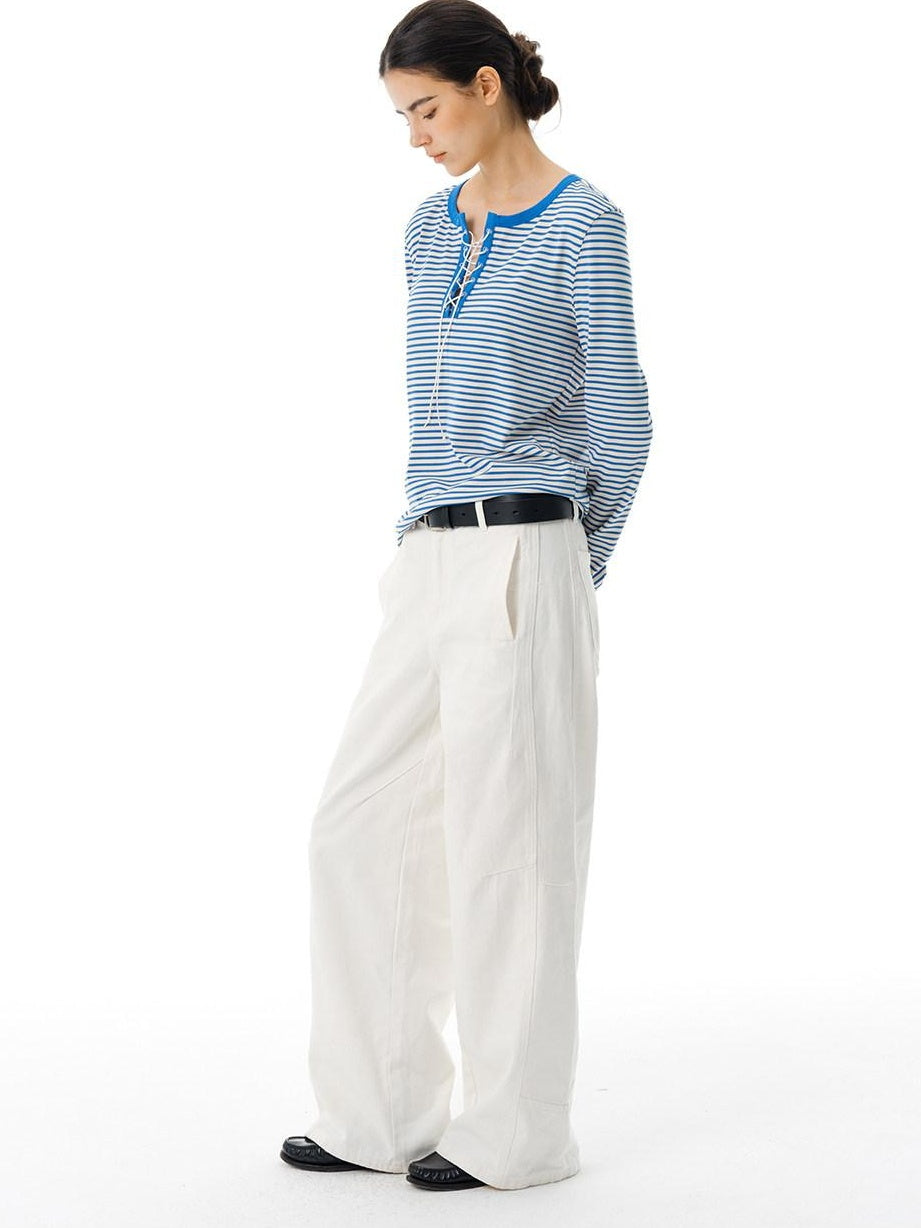 Country Moment Stretch Polyester Henley Tie Blue White Striped Unisex Long Sleeve T-Shirts