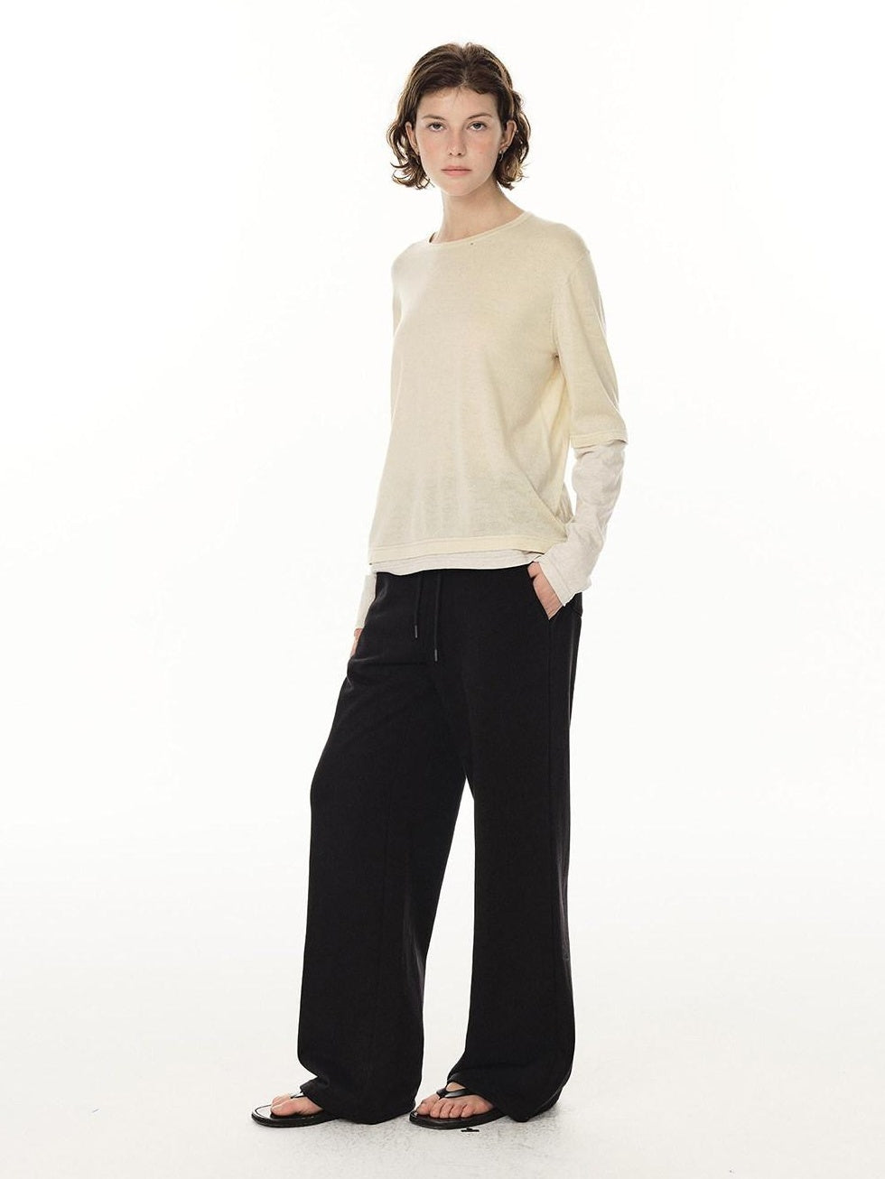 Country Moment Durable Cotton Mid Rise Straight Elastic Youth Casual Black Gray Wide Leg Pants