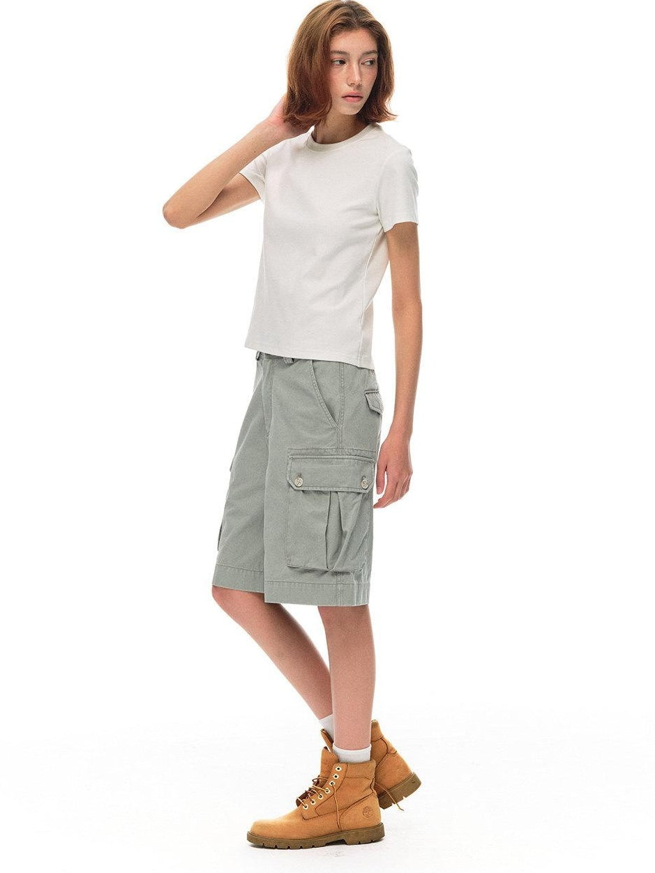 Country Moment Vintage Washed Relaxed Mid Rise Pockets Casual Pure Cotton Mid-Length Shorts