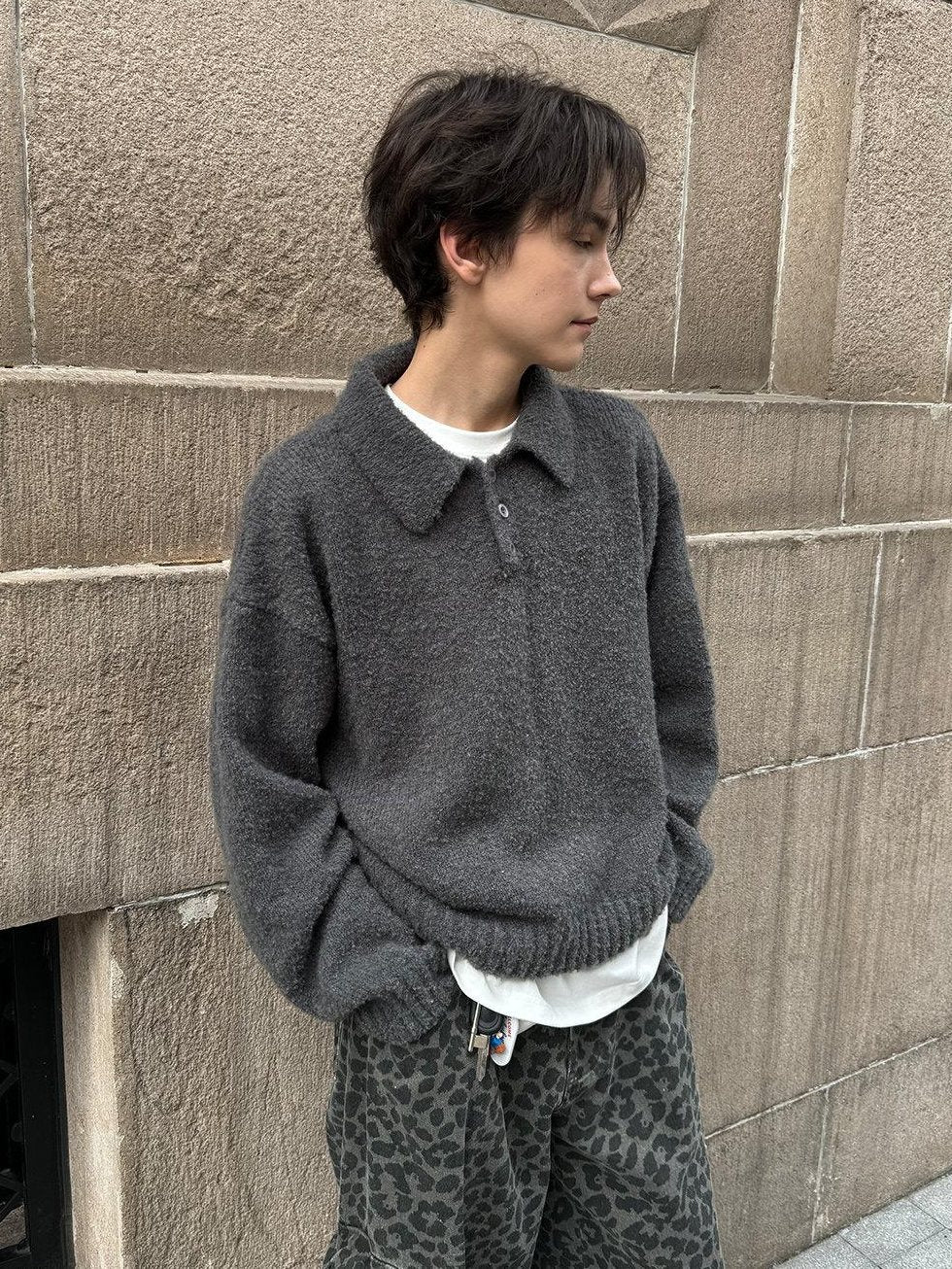 Country Moment Shape Retention Loose Fit Turn Down Collar Unisex Everyday Knit Sweaters