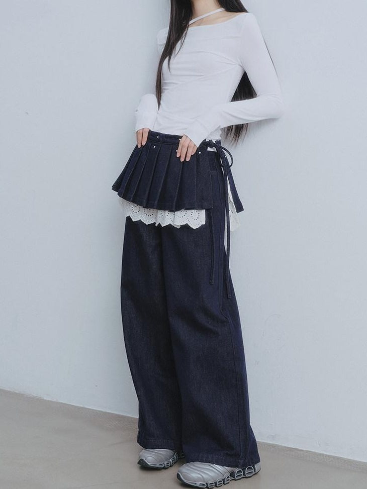 DDGIRL studio Washed High Waist Lace Trim Non Stretch Zip Fly Navy Comfort Wide Leg Jeans