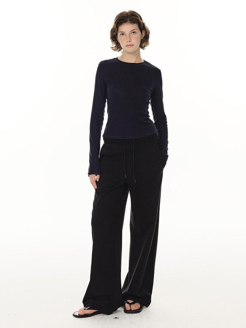 Country Moment Durable Cotton Mid Rise Straight Elastic Youth Casual Black Gray Wide Leg Pants