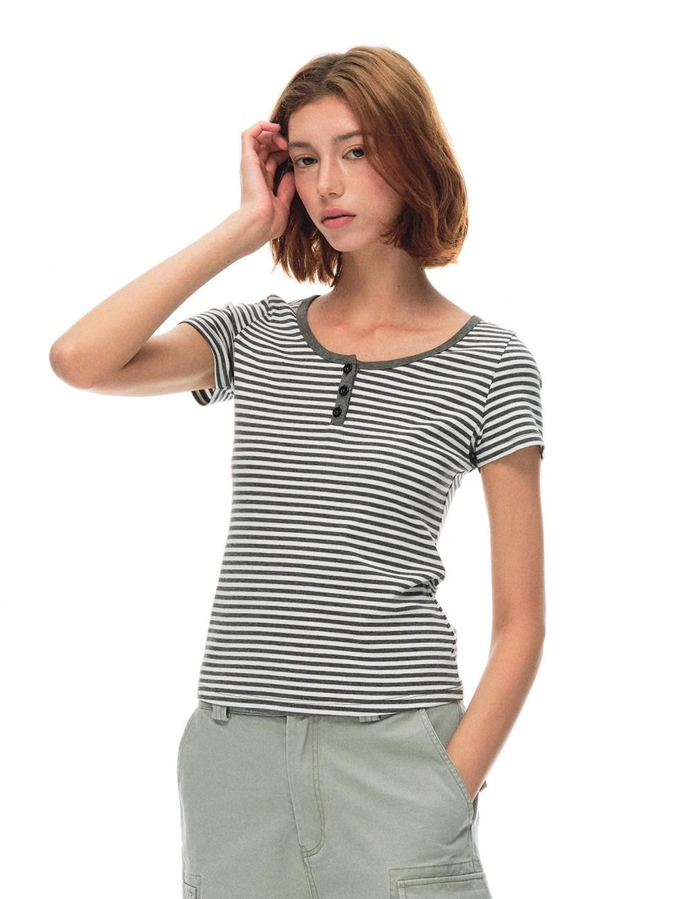 Country Moment Breathable Striped Henley Regular Women Polyester Stretch Short Sleeve T-Shirts