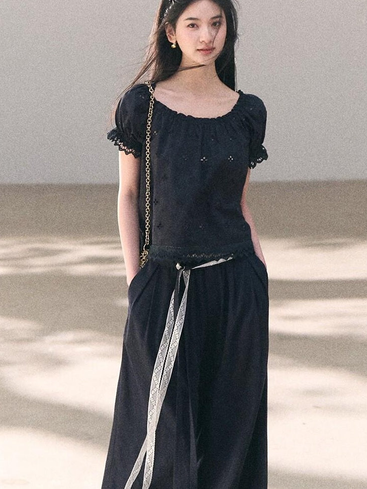 7 OAKMOO Lyocell Linen Breathable Casual Natural Waist Straight Navy White Wide Leg Pants