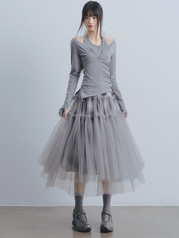 DDGIRL studio Non Deforming High Waist Mesh Patchwork Pleated Lined Women Gray Midi Skirts
