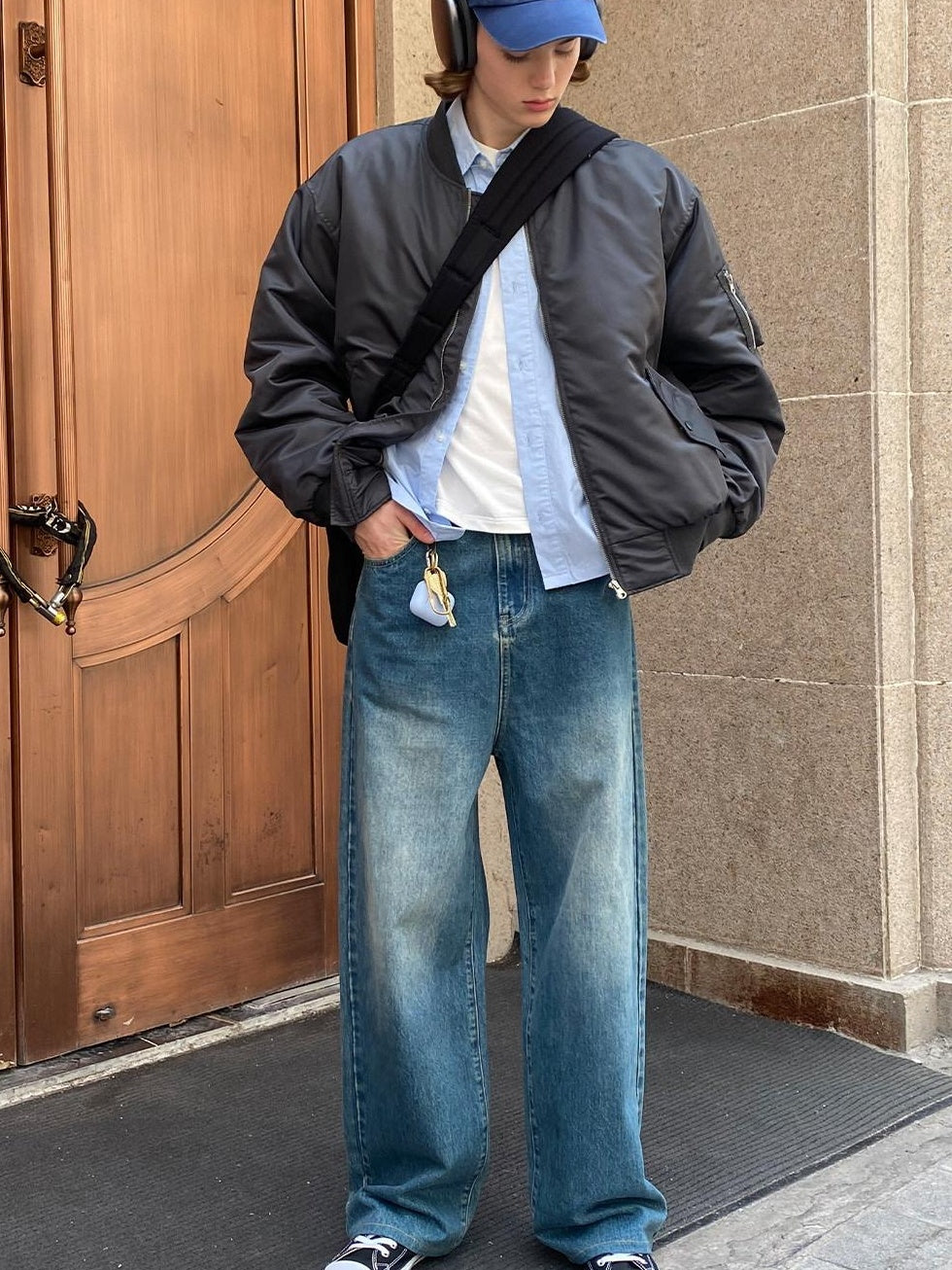 Country Moment Breathable Cotton Retro Washed Mid Rise Relaxed Mens Deep Blue Wide Leg Jeans