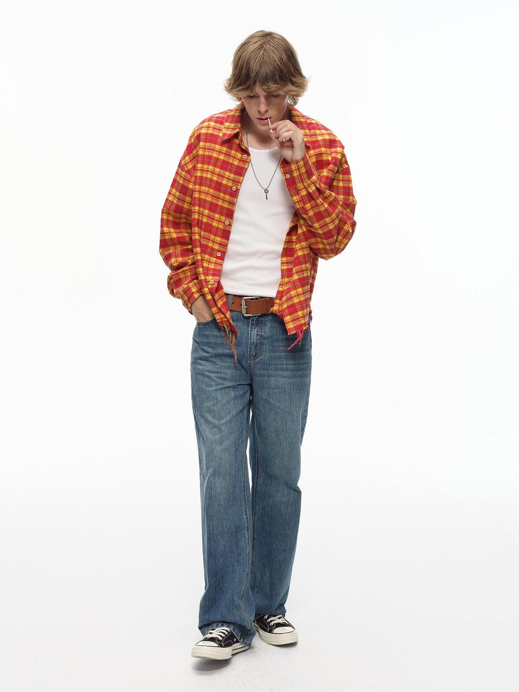 Country Moment Breathable Cotton Loose Plaid Fringe Unisex Longsleeve Button Collar Shirts