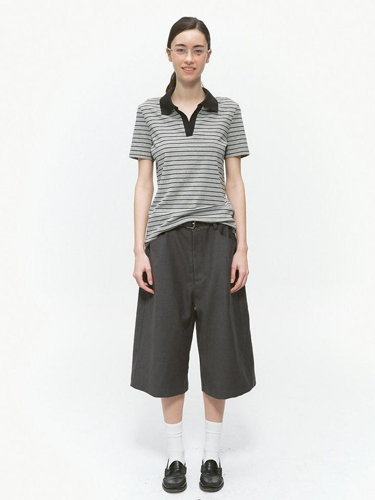 Country Moment Cotton Blend Patchwork Slim Polo Collar Striped Grey Short Sleeve T-Shirts