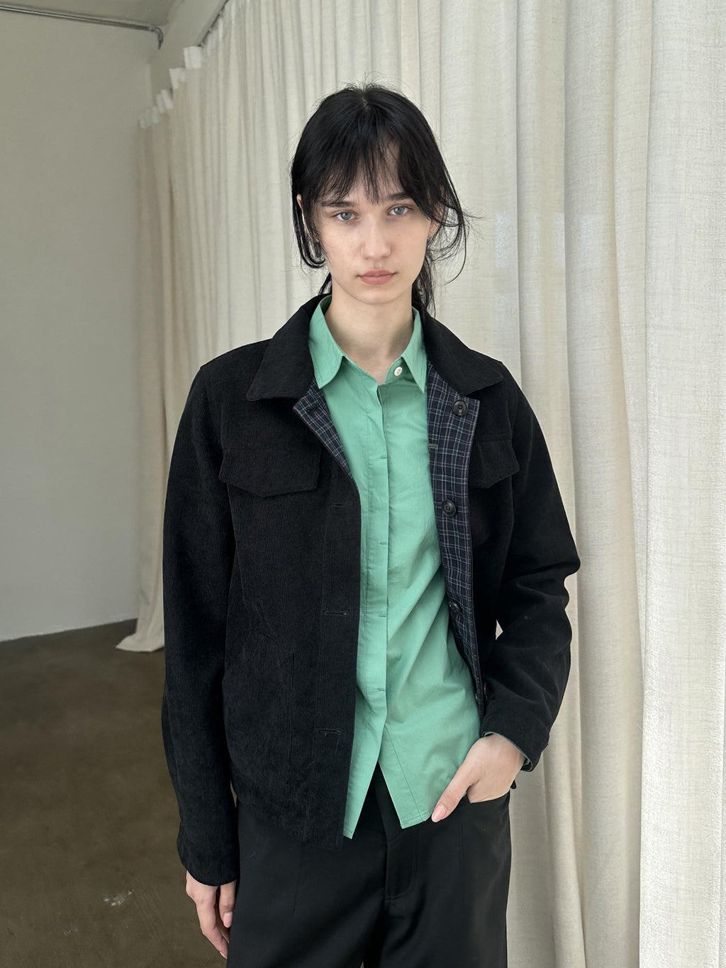 Country Moment Reversible Warm Edgy Slim Plaid Lapel Unisex Black Polyester Cropped Jackets
